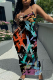 Red Sexy Casual Abstract Colorblock Print Backless Spaghetti Strap Bodycon Long Maxi Slip Dresses