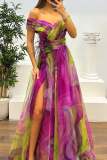 Red Mesh Gradient Print Off Shoulder Short Sleeve Feathers Trim Waisted Slit A-line Party Evening Formal Maxi Dresses