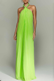 Greenish Yellow Chiffon Sexy Solid Beaded Halter Backless Loose Straight Vacation Long Maxi Dresses