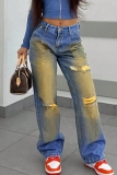 Blue Y2K Casual Solid Ripped Mid Waist Straight Denim Jeans
