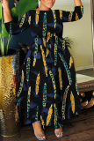 Rose Red Casual Floral Print Belted Round Neck Three Quarter Sleeve Waisted A-line Long Maxi Dresses