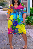 Dark Yellow Casual Abstract Print Pocket V Neck Short Sleeve Short Sleeve Loose Midi T-shirt Dress