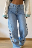 Light Blue Casual Solid Ripped Mid Waist Straight Denim Jeans