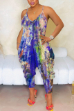 Blue Sexy Casual Abstract Print V Neck Backless Spaghetti Strap Harem Vacation Slip Jumpsuits
