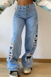 Light Blue Casual Solid Ripped Mid Waist Straight Denim Jeans