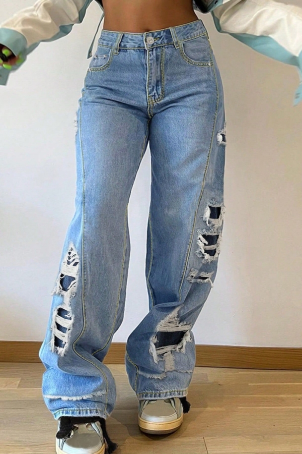 Light Blue Casual Solid Ripped Mid Waist Straight Denim Jeans