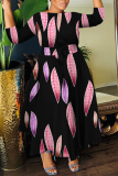 Rose Red Casual Floral Print Belted Round Neck Three Quarter Sleeve Waisted A-line Long Maxi Dresses