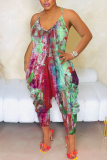 Blue Sexy Casual Abstract Print V Neck Backless Spaghetti Strap Harem Vacation Slip Jumpsuits