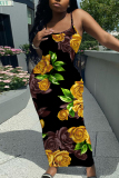 Green Sexy Casual Floral Print Backless Spaghetti Strap Bodycon Long Maxi Slip Dresses