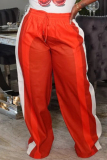 Green Casual Sportwear Contrast Stripe Patchwork Drawstring High Waist Straight Pants Trousers