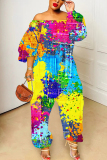 Dark Yellow Abstract Print Off Shoulder Long Lantern Sleeve Loose Overall Jumpsuits