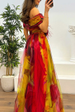 Red Mesh Gradient Print Off Shoulder Short Sleeve Feathers Trim Waisted Slit A-line Party Evening Formal Maxi Dresses