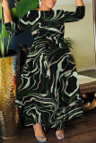 Black Green Casual Abstract Print Belted Round Neck Three Quarter Sleeve Waisted A-line Long Maxi Dresses