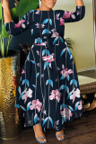 Rose Red Casual Floral Print Belted Round Neck Three Quarter Sleeve Waisted A-line Long Maxi Dresses