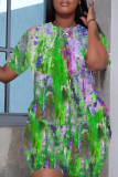 Blue Abstract Print Round Neck Short Sleeve T-shirt and Shorts Casual Outing Plus Size Two Piece Short Sets