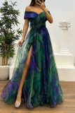 Red Mesh Gradient Print Off Shoulder Short Sleeve Feathers Trim Waisted Slit A-line Party Evening Formal Maxi Dresses