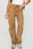 Brown Y2K Casual Solid Pocket Mid Waist Straight Cargo Denim Jeans