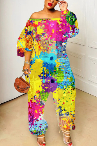Dark Yellow Abstract Print Off Shoulder Long Lantern Sleeve Loose Overall Jumpsuits