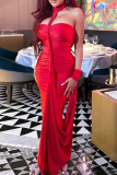 Red Sexy Party Club Evening Formal Solid Patchwork Backless Sleeveless Halter Bodycorn Long Dresses