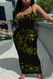 Black Red Sexy Casual Abstract Print Backless Spaghetti Strap Bodycon Long Maxi Slip Dresses