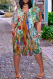 Blue Casual Abstract Print Pocket V Neck Short Sleeve Short Sleeve Loose Midi T-shirt Dress