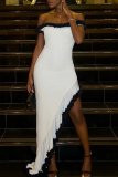 White Off Shoulder Backless Ruffle Hem High Low Hem Bodycon Party Club Evening Maxi Dresses