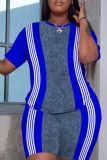 Green Striped Print Round Neck Short Sleeve T-shirt and Fitted Shorts Casual Outing Two Piece Short Sets