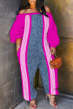 Blue Contrast Striped Print Off Shoulder Long Lantern Sleeve Loose Overall Jumpsuits