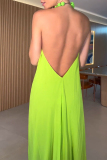 Greenish Yellow Chiffon Sexy Solid Beaded Halter Backless Loose Straight Vacation Long Maxi Dresses