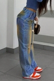 Blue Y2K Casual Solid Ripped Mid Waist Straight Denim Jeans