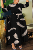 Black White Swan Print Round Neck 3/4 Sleeve Belted Waisted A-line Long Maxi Dresses