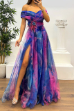 Red Mesh Gradient Print Off Shoulder Short Sleeve Feathers Trim Waisted Slit A-line Party Evening Formal Maxi Dresses
