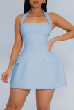 Rose Red Sleeveless Backless High Waisted A-line Halter Party Club Mini Dresses