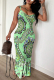 Blue Red Graphic Print Sleeveless Backless Spaghetti Strap Fitted Casual Vacation Long Maxi Slip Dresses