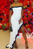 White Off Shoulder Backless Ruffle Hem High Low Hem Bodycon Party Club Evening Maxi Dresses