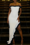 White Off Shoulder Backless Ruffle Hem High Low Hem Bodycon Party Club Evening Maxi Dresses