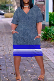Blue Stripe Print V Neck Short Sleeve Short Sleeve Pocket Casual Loose Midi T-shirt Dress