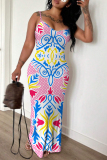 Blue Red Graphic Print Sleeveless Backless Spaghetti Strap Fitted Casual Vacation Long Maxi Slip Dresses