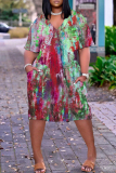 Blue Casual Abstract Print Pocket V Neck Short Sleeve Short Sleeve Loose Midi T-shirt Dress