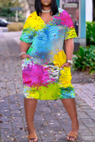 Dark Yellow Casual Abstract Print Pocket V Neck Short Sleeve Short Sleeve Loose Midi T-shirt Dress