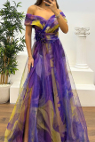 Red Mesh Gradient Print Off Shoulder Short Sleeve Feathers Trim Waisted Slit A-line Party Evening Formal Maxi Dresses
