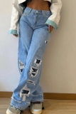 Light Blue Casual Solid Ripped Mid Waist Straight Denim Jeans