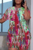 Blue Abstract Print Round Neck Short Sleeve T-shirt and Shorts Casual Outing Plus Size Two Piece Short Sets