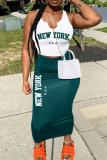 White Green Casual Sexy Letters Print V Neck Sleeveless Vest and Long Wrapped Skirt Bodycorn Two Piece Dress Sets