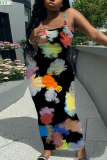 Red Sexy Casual Abstract Colorblock Print Backless Spaghetti Strap Bodycon Long Maxi Slip Dresses
