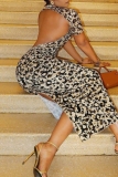 Multicolor Sexy Casual Print Half A Turtleneck Backless Short Sleeve Slit Bodycorn Party Club Long Dresses