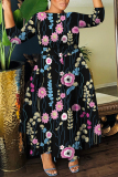 Rose Red Casual Floral Print Belted Round Neck Three Quarter Sleeve Waisted A-line Long Maxi Dresses