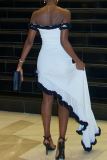 White Off Shoulder Backless Ruffle Hem High Low Hem Bodycon Party Club Evening Maxi Dresses