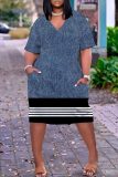 Blue Stripe Print V Neck Short Sleeve Short Sleeve Pocket Casual Loose Midi T-shirt Dress