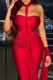 Red Sexy Party Club Evening Formal Solid Patchwork Backless Sleeveless Halter Bodycorn Long Dresses